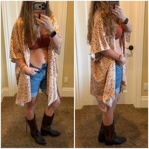 Boho Floral Lightweight Kimono Wrap Coverup Festival Cream Brown Sz S Small